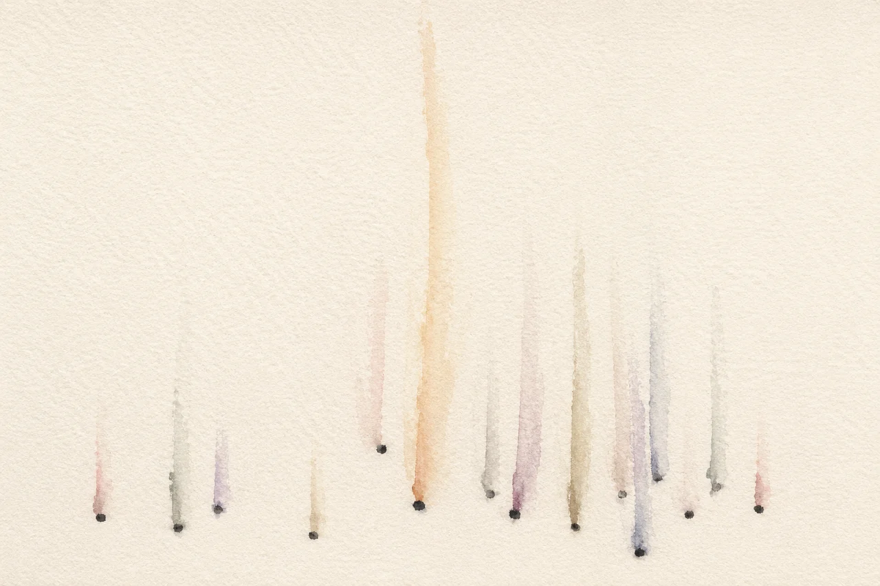 A minimal watercolor: a dozen small sumi-ink dots along the lower third of cream paper, each releasing a single soft column of muted color rising into the silence above.