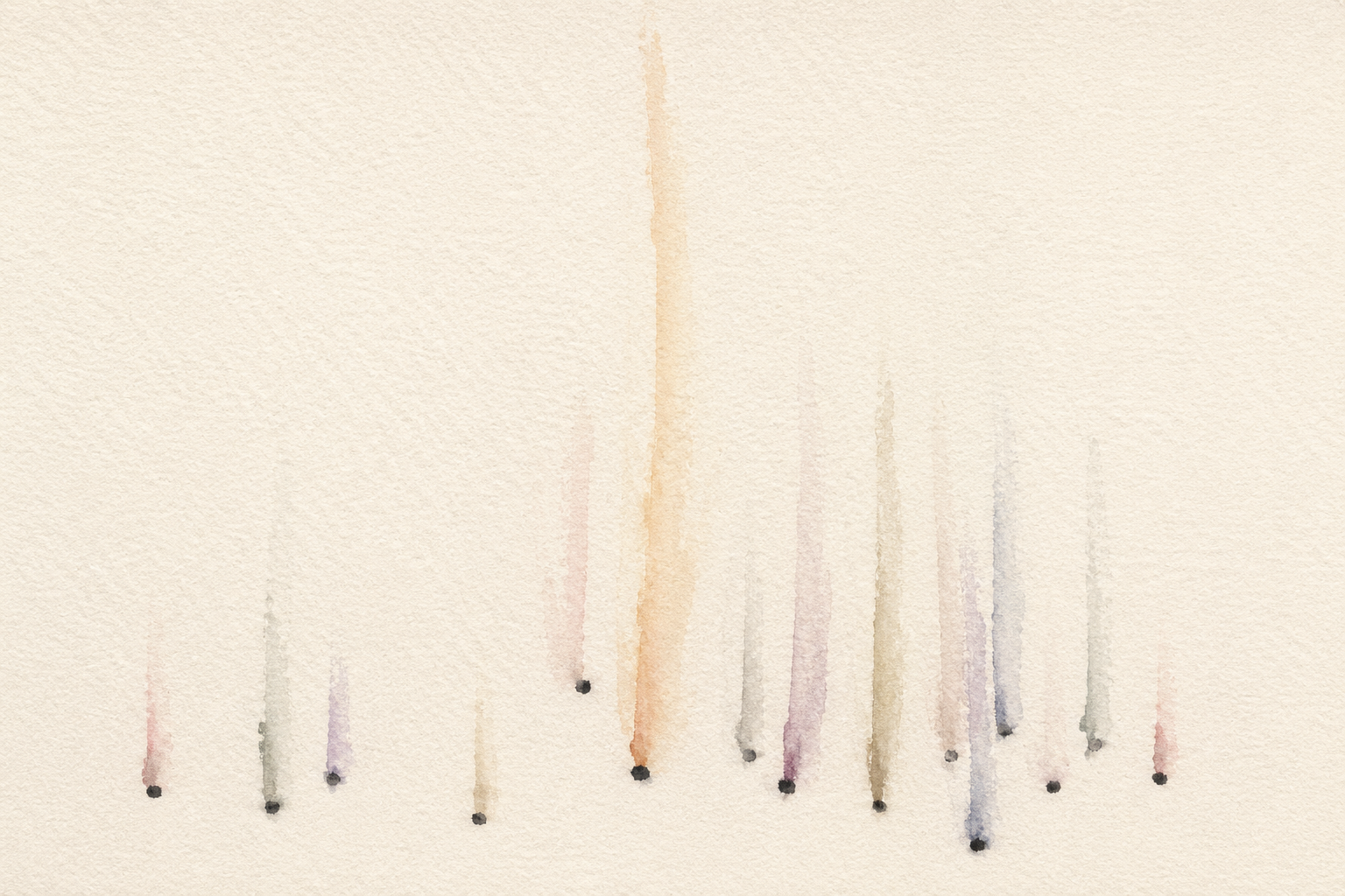 A minimal watercolor: a dozen small sumi-ink dots along the lower third of cream paper, each releasing a single soft column of muted color rising into the silence above.